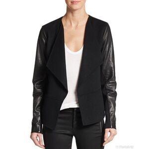 Vince Leather Sleeve Boiled Wool Jacket